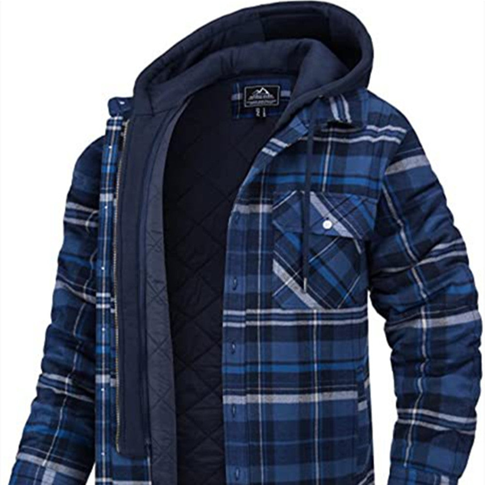 Men's Plaid Hooded Coat Winter Warm Button Zip-up Jacket Fashion Casual Thick Padded Long Sleeves Outerwear Clothing