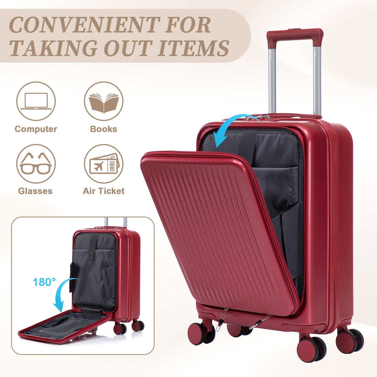 14'/20' 2 pcs ABS Spinner Wheel Luggage Set with Combination Lock and Front Opening Design