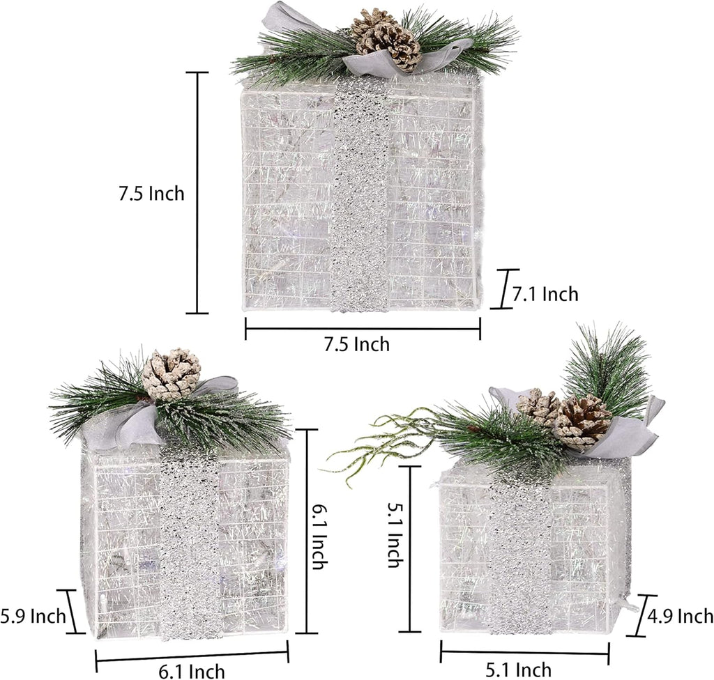 Hourleey Set of 3 Christmas Lighted Gift Boxes, Pre-lit 60 LED Light Up Present Boxes Ornament Outdoor Warm White Tinsel Boxes Decoration for Indoor Christmas Home Yard Lawn Decor