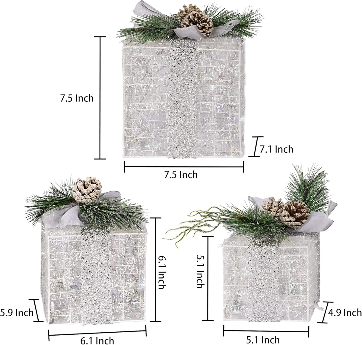 Hourleey Set of 3 Christmas Lighted Gift Boxes, Pre-lit 60 LED Light Up Present Boxes Ornament Outdoor Warm White Tinsel Boxes Decoration for Indoor Christmas Home Yard Lawn Decor