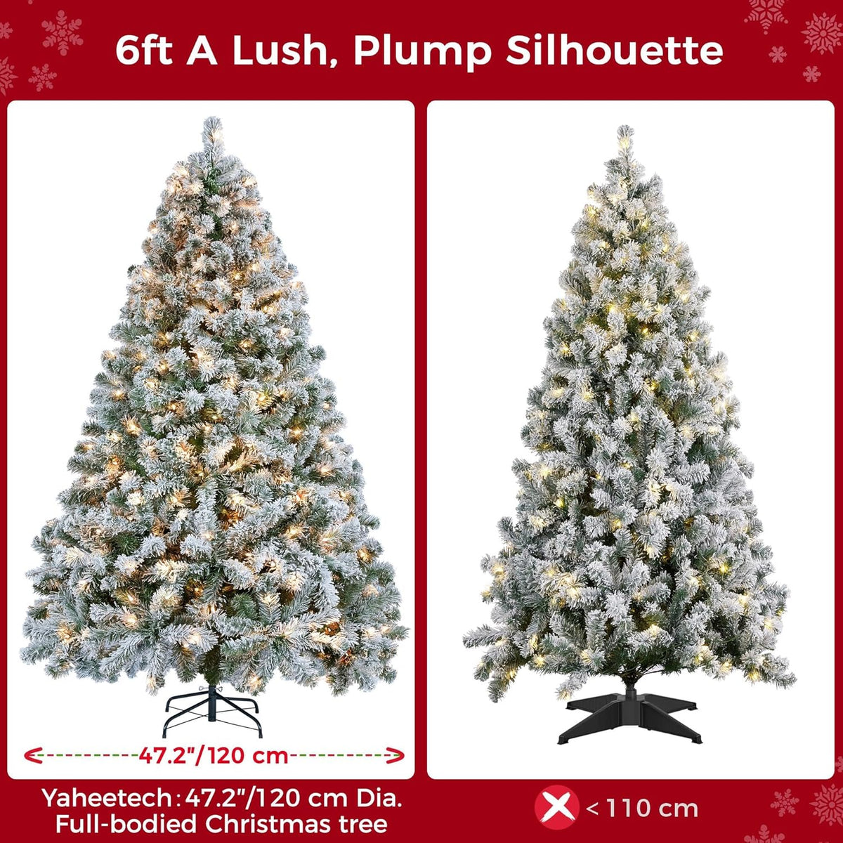 Yaheetech 6ft Snow Flocked Pre-lit Christmas Tree with 250 Warm White Lights, 820 Lush Branch Tips & Quick-Assembly Hinged Design, Full Artificial Xmas Tree for Winter Holiday Décor, Green & White