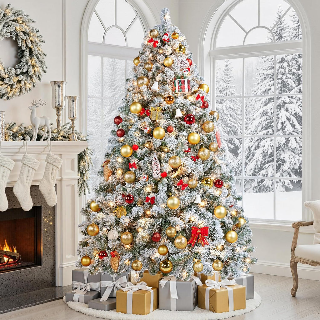 Yaheetech 6ft Snow Flocked Pre-lit Christmas Tree with 250 Warm White Lights, 820 Lush Branch Tips & Quick-Assembly Hinged Design, Full Artificial Xmas Tree for Winter Holiday Décor, Green & White