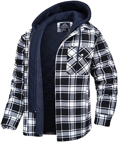 Men's Plaid Hooded Coat Winter Warm Button Zip-up Jacket Fashion Casual Thick Padded Long Sleeves Outerwear Clothing