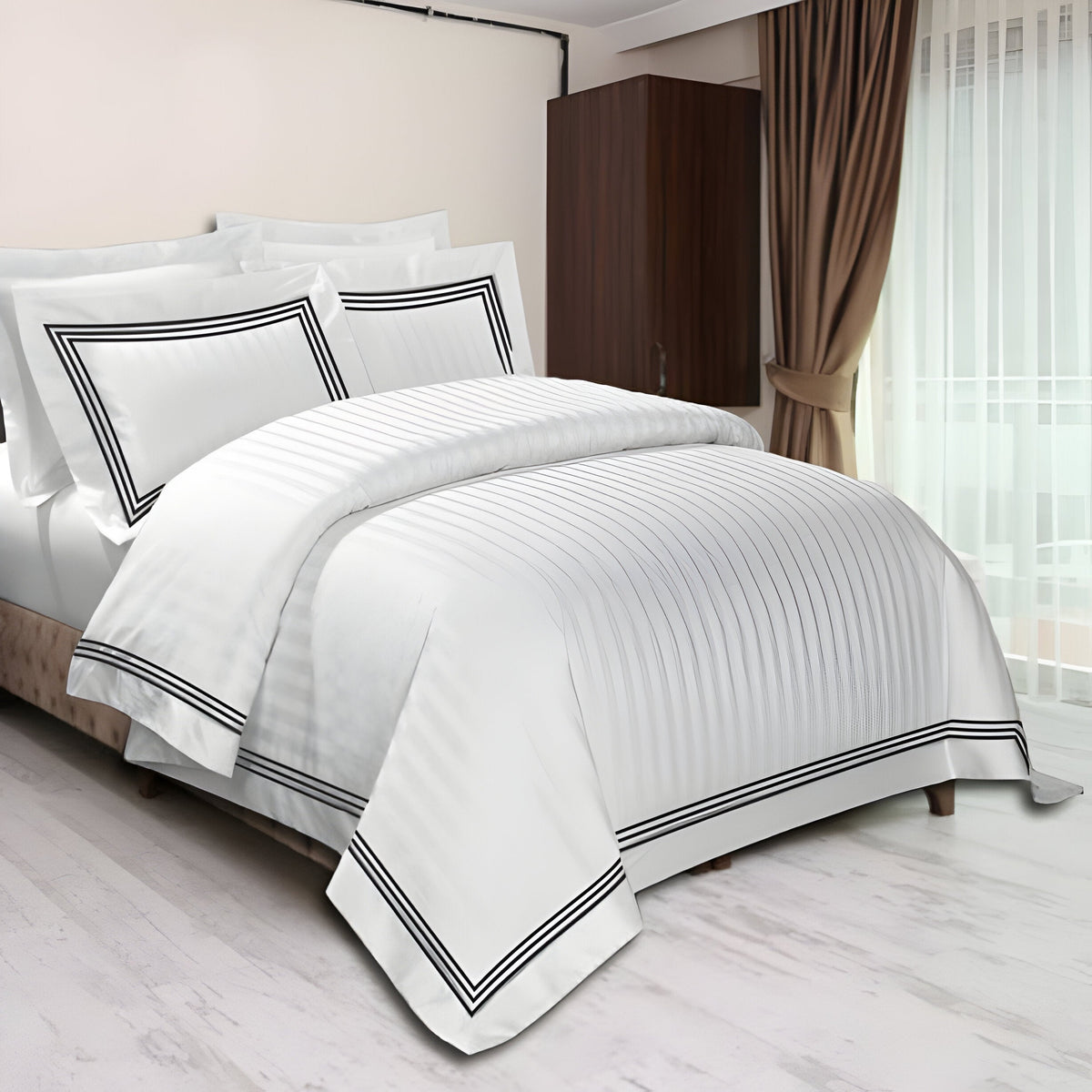 400TC Cotton Sateen Triple Edge Embroidery Stripe Duvet Cover Set