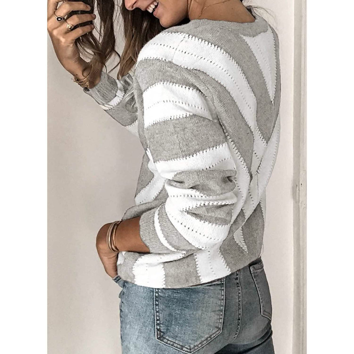 Color Block Striped V Neck Sweater for Women Long Sleeve Knit Pullover Jumper Tops