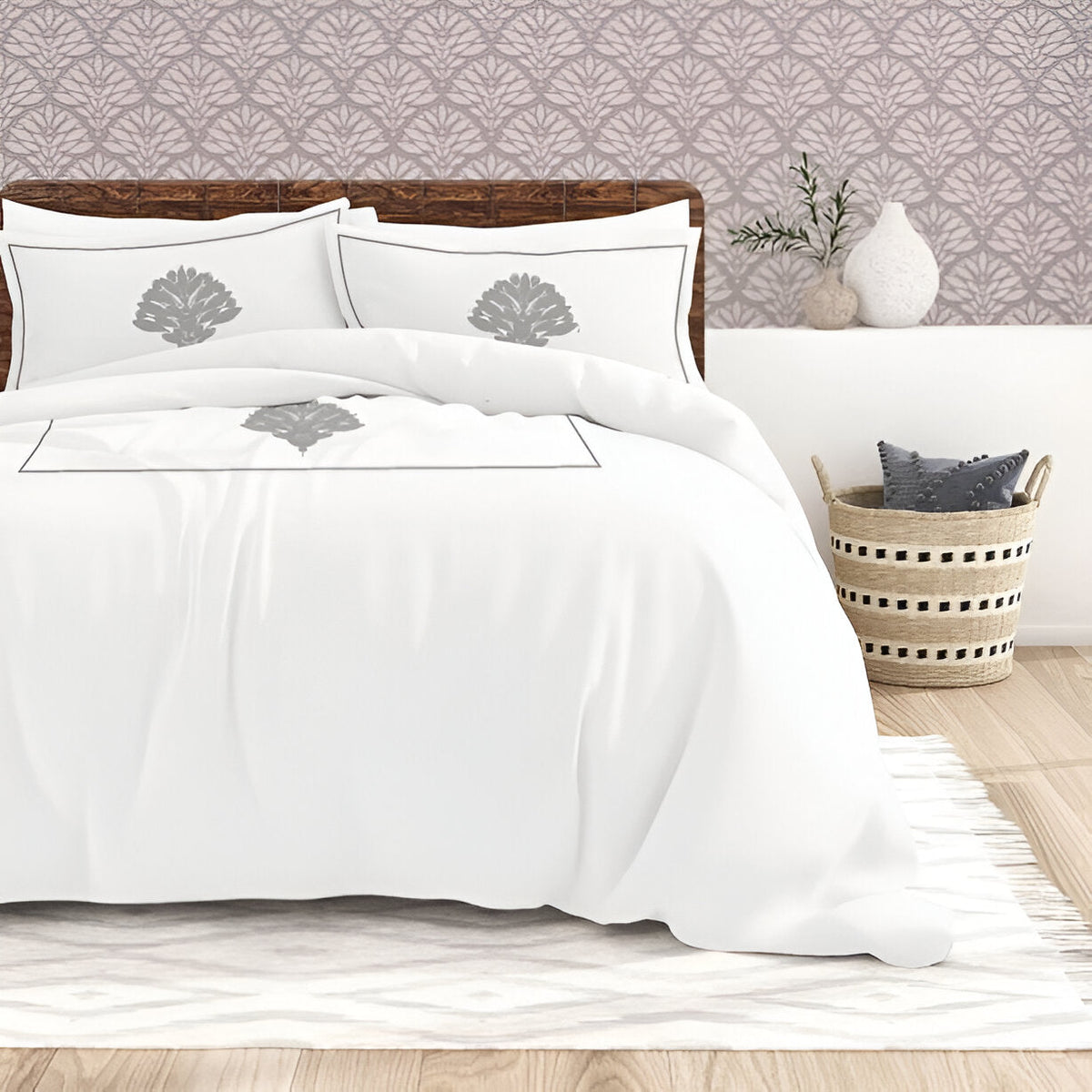 Leafy Embroidered Cotton Sateen Duvet Cover Set