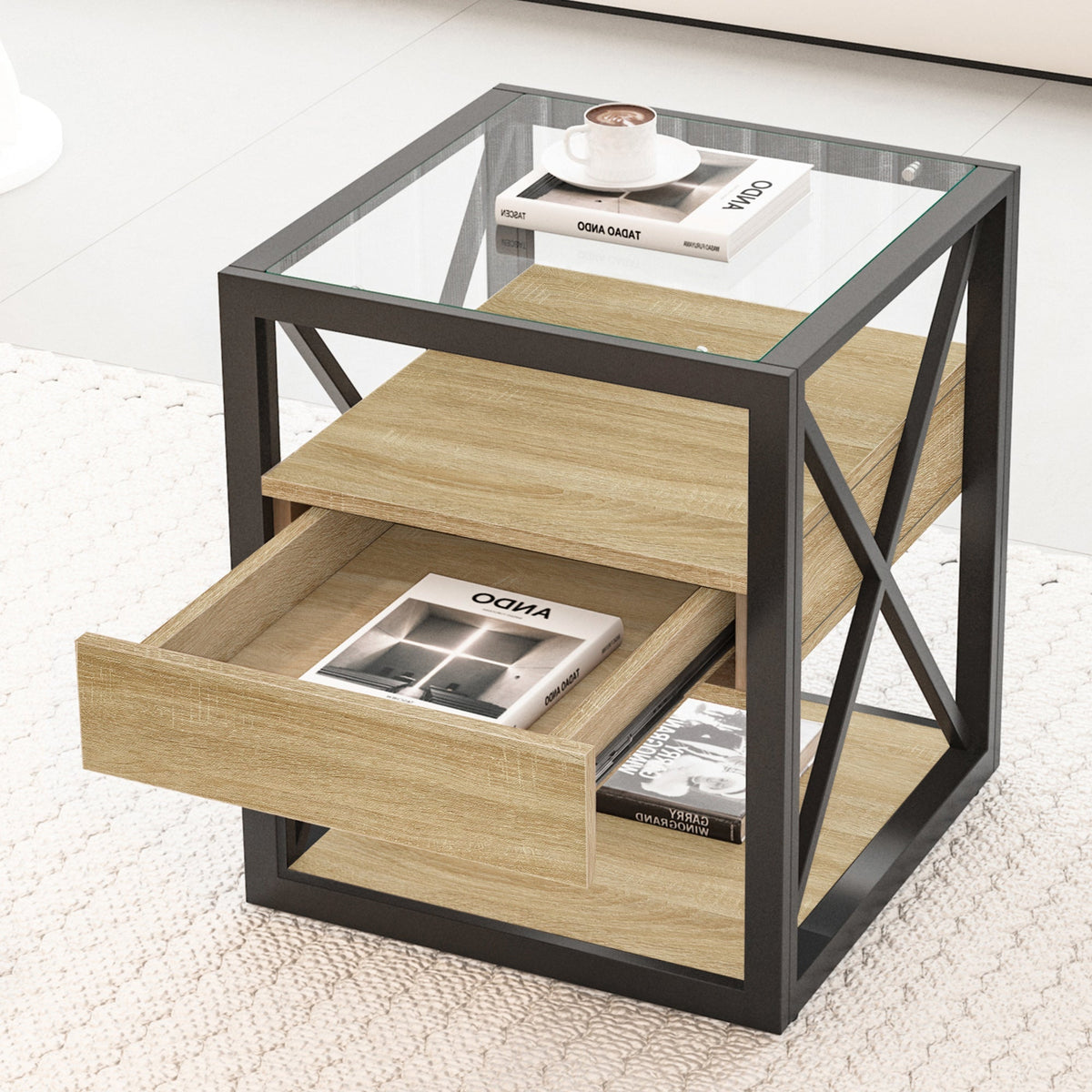 Set of 2 Modern End Tables with Drawer - Nightstands for Bedroom & Living Room