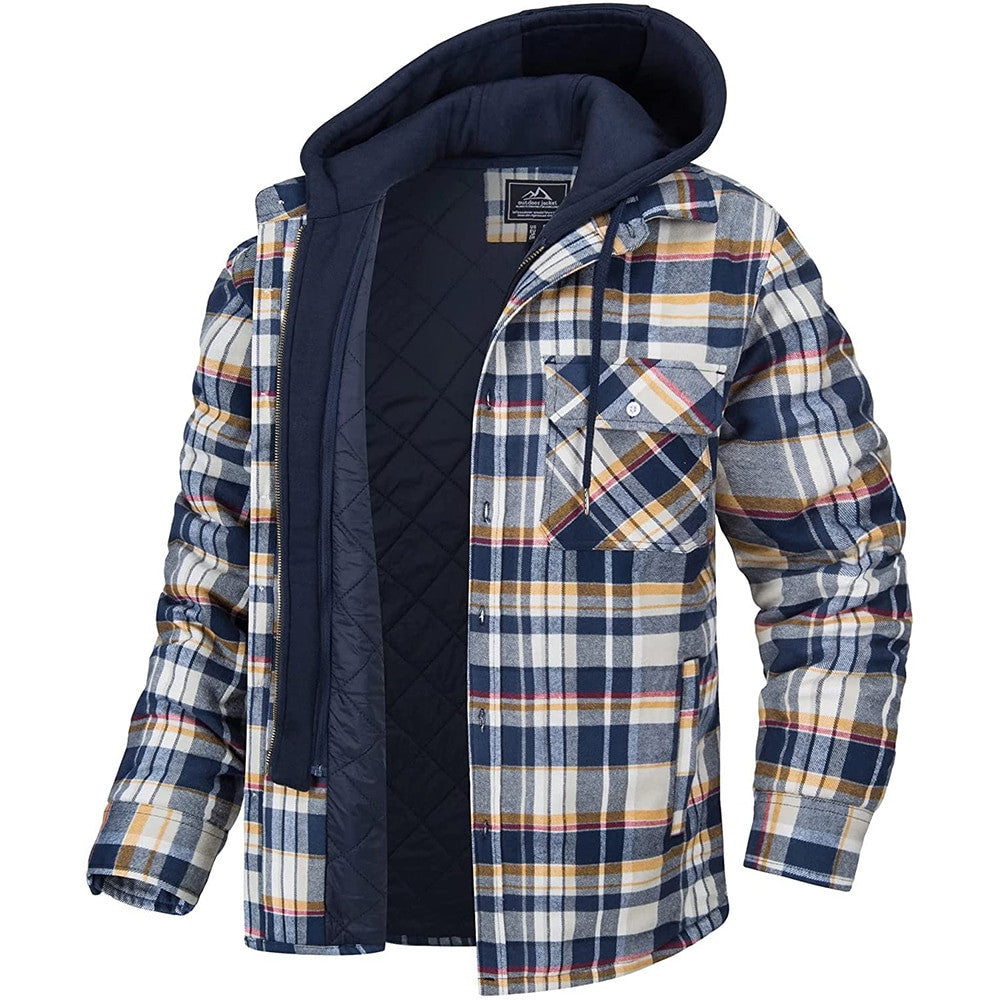 Men's Plaid Hooded Coat Winter Warm Button Zip-up Jacket Fashion Casual Thick Padded Long Sleeves Outerwear Clothing