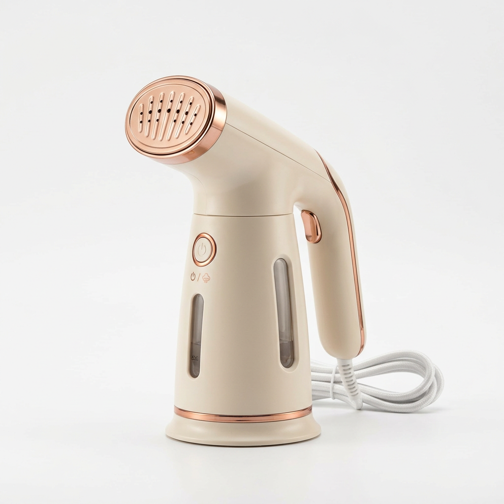 Mini Portable Handheld Garment Steamer beige with rose gold accents