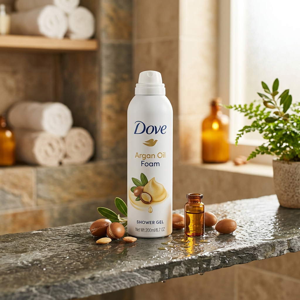 Dove Argan Oil Foam Shower Gel on spa bathroom shelf
