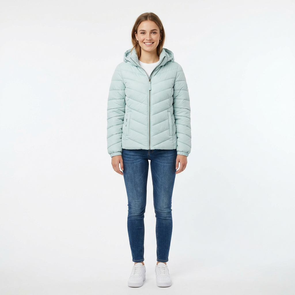 Women's Winter Puff Jacket sky blue hooded puffer jacket front view
