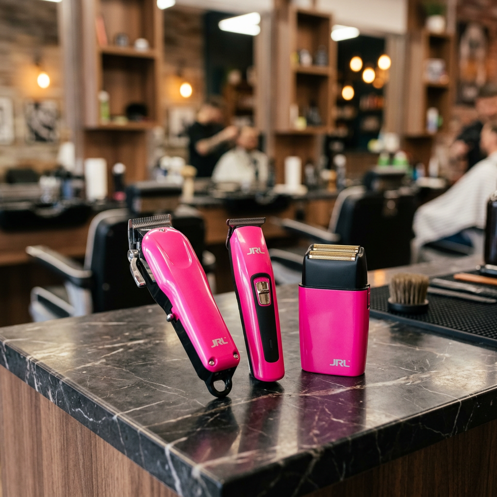 Pink StyleCraft clipper trimmer and foil shaver set on barbershop counter