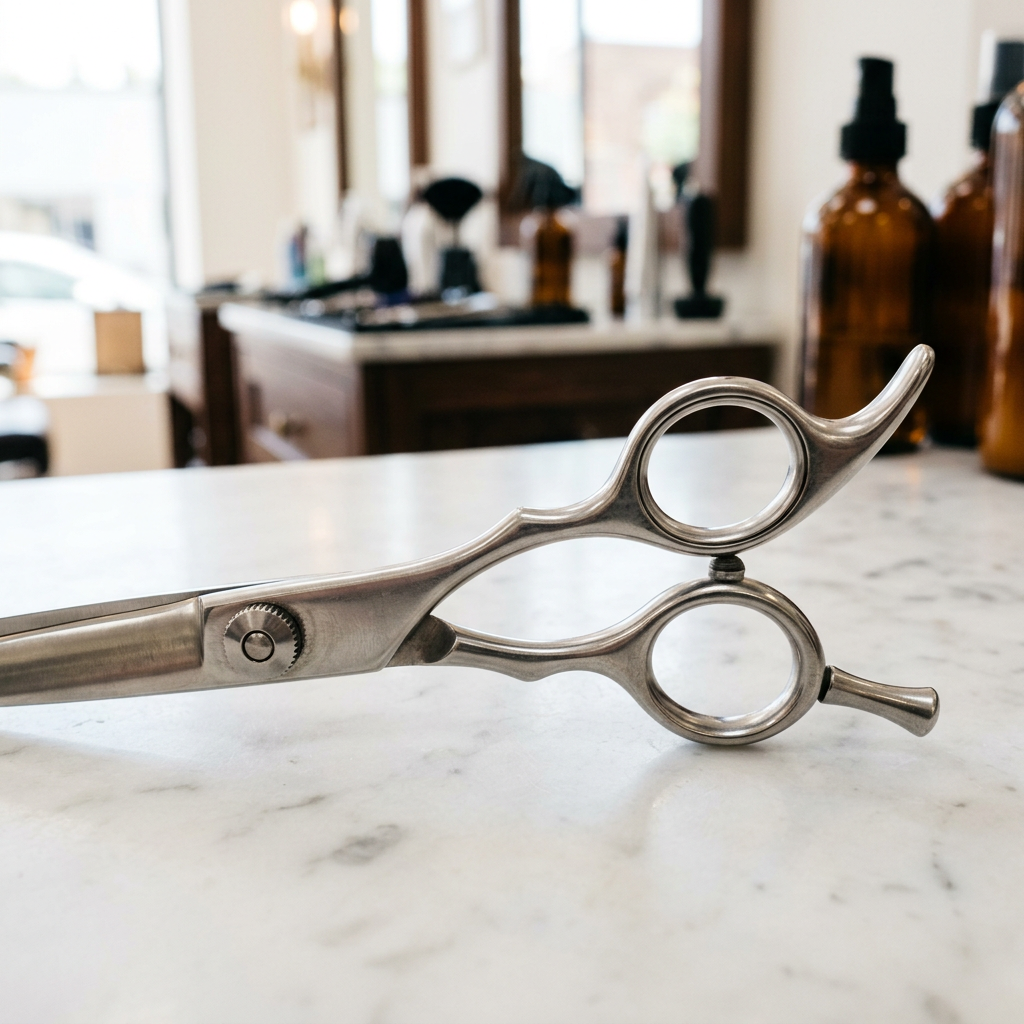 Professional barber scissors handle close-up
