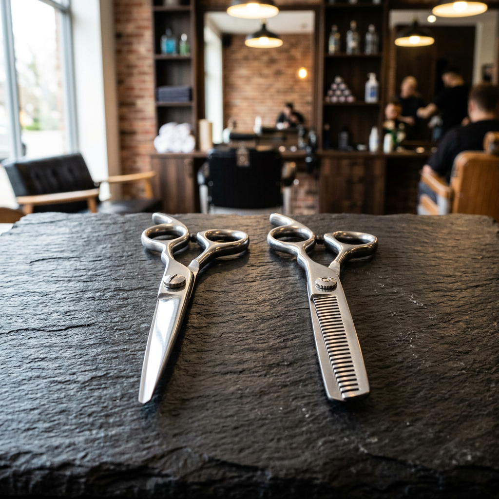 Hair cutting and thinning scissors blade detail on dark slate
