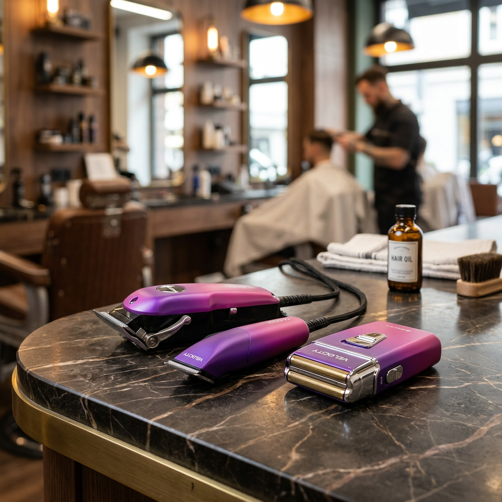 Purple pink StyleCraft barber clipper trimmer and shaver on barbershop counter
