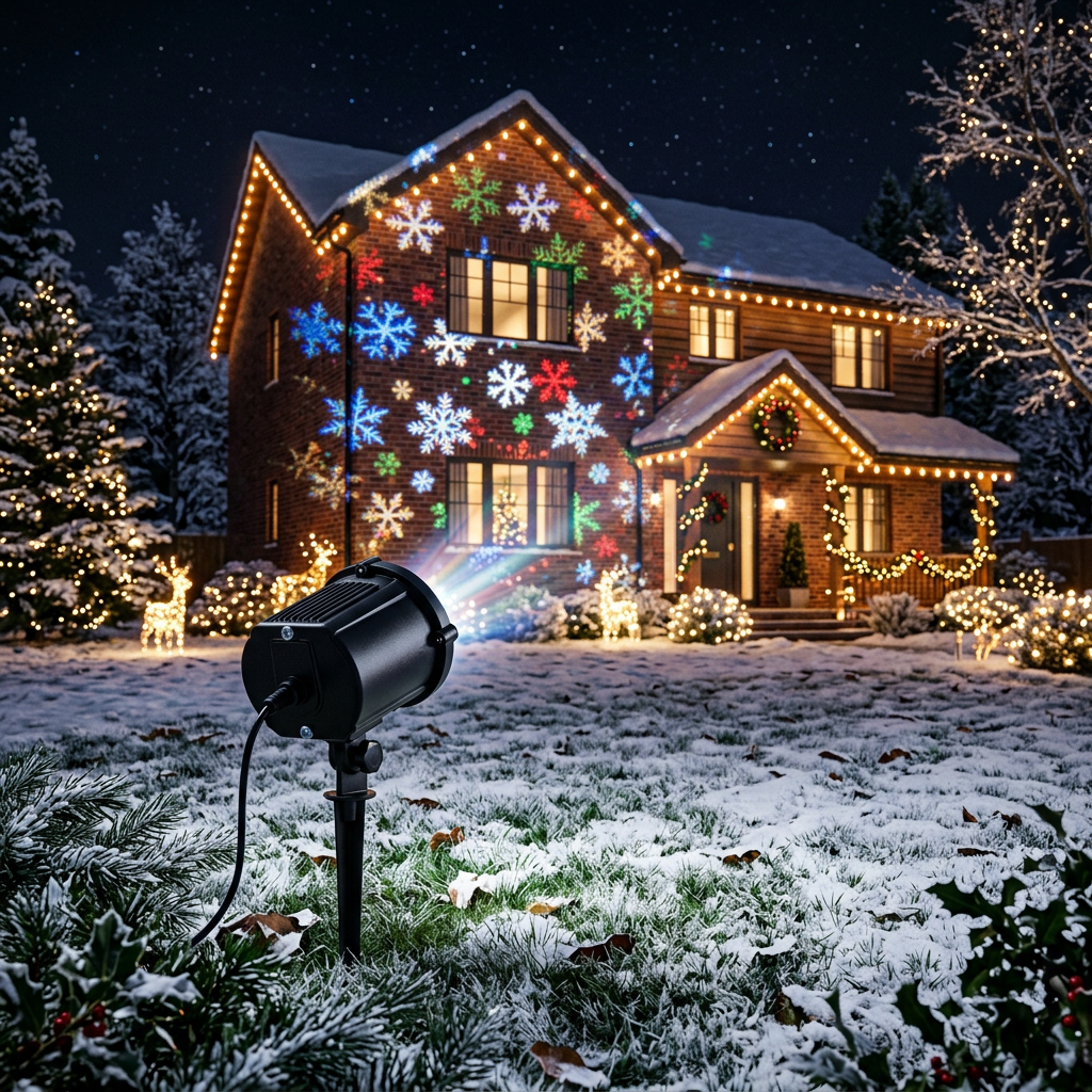Christmas snowflake projector in backyard night scene