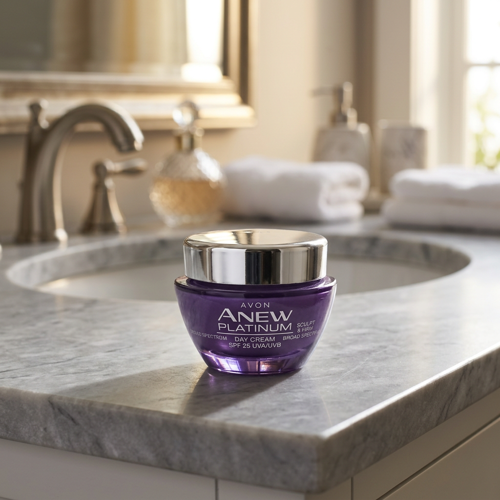 Avon Anew Platinum Day Cream SPF 25 on marble vanity