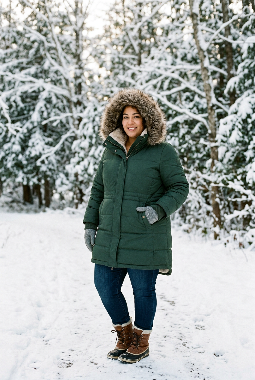 Plus-size woman wearing fleece-lined hooded winter coat with faux fur hood in snowy outdoor scene