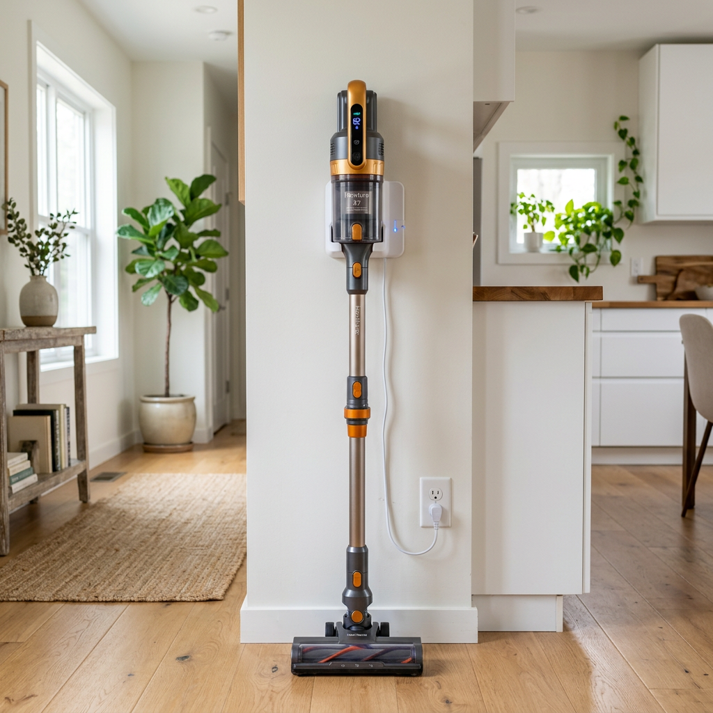 Honiture X7 Cordless Vacuum - mounted on charging dock indoor
