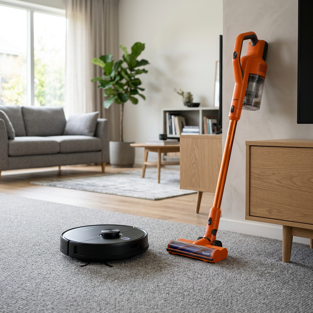 Honiture black robot vacuum and orange cordless vacuum on living room carpet