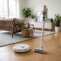 Honiture robot vacuum and cordless stick vacuum on living room hardwood floor