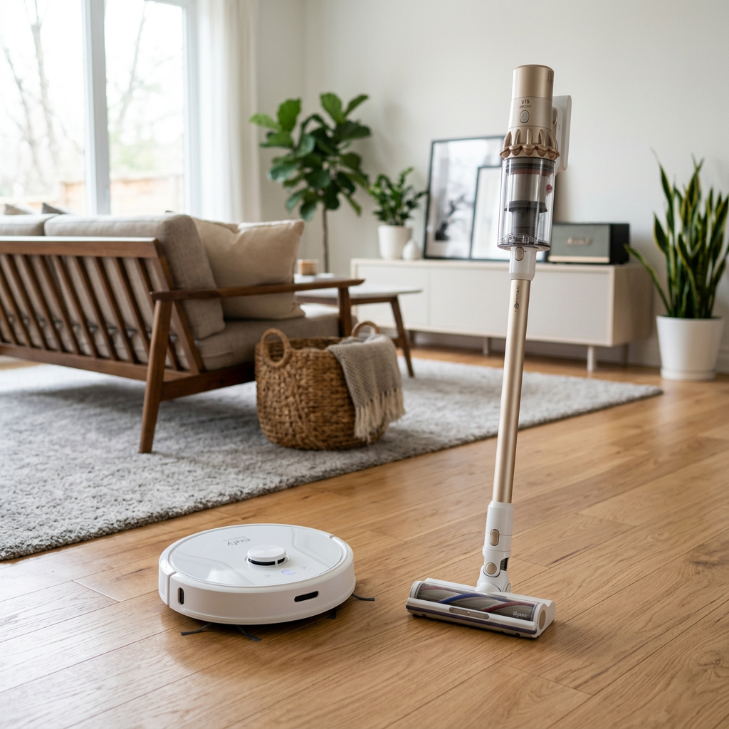 Honiture robot vacuum and cordless stick vacuum on living room hardwood floor
