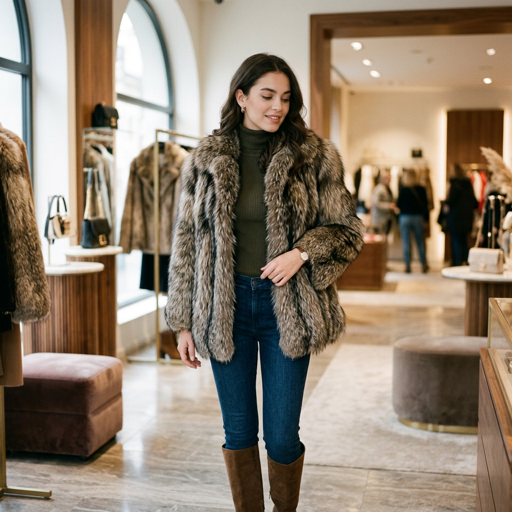 BEIZIRU women's raccoon fur coat in luxury boutique setting