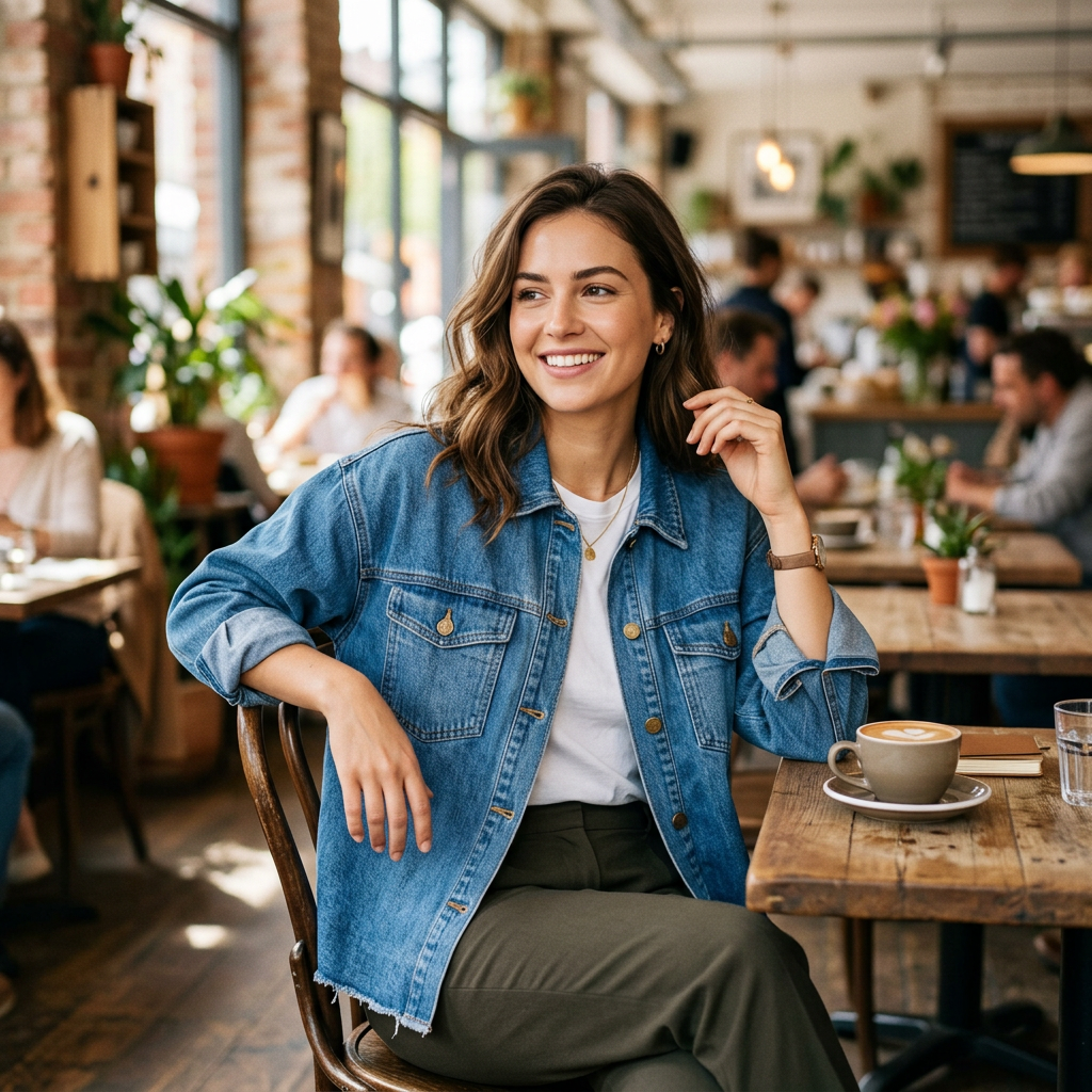 Woman wearing oversized denim shirt jacket in urban café setting