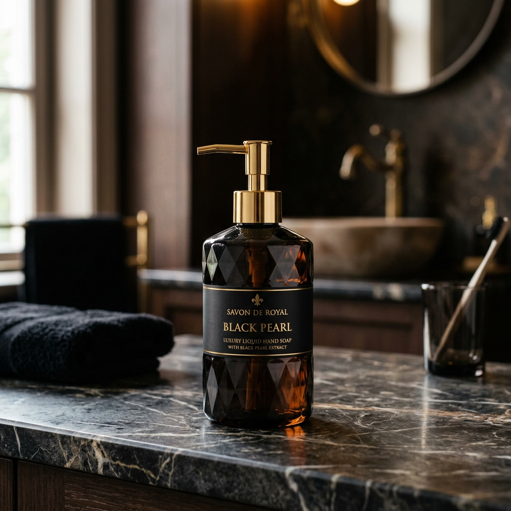 Savon De Royal Black Pearl luxury hand soap on dark marble bathroom counter