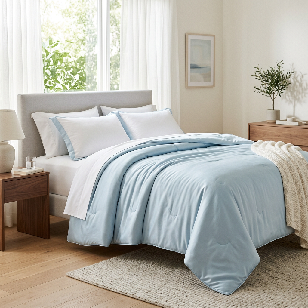 Light blue cooling comforter on bed in serene modern bedroom