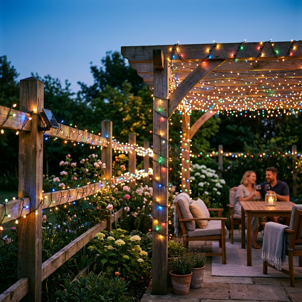 Multicolor solar LED string lights on garden fence at dusk