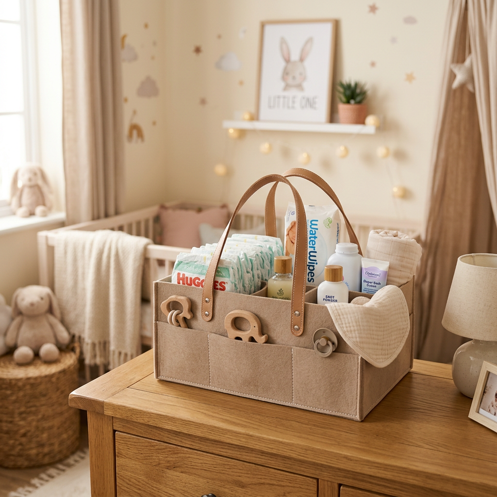 Beige felt diaper caddy on nursery dresser