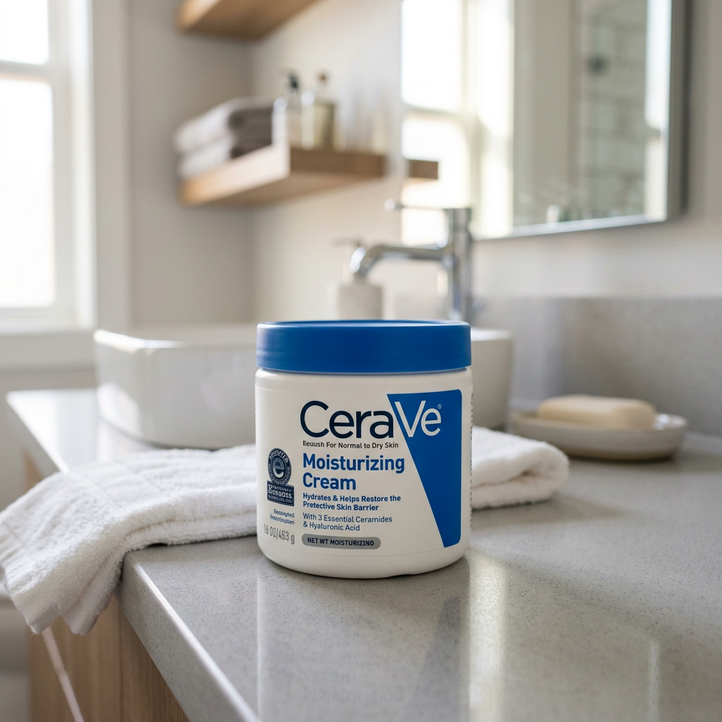 CeraVe Moisturizing Cream on bathroom countertop