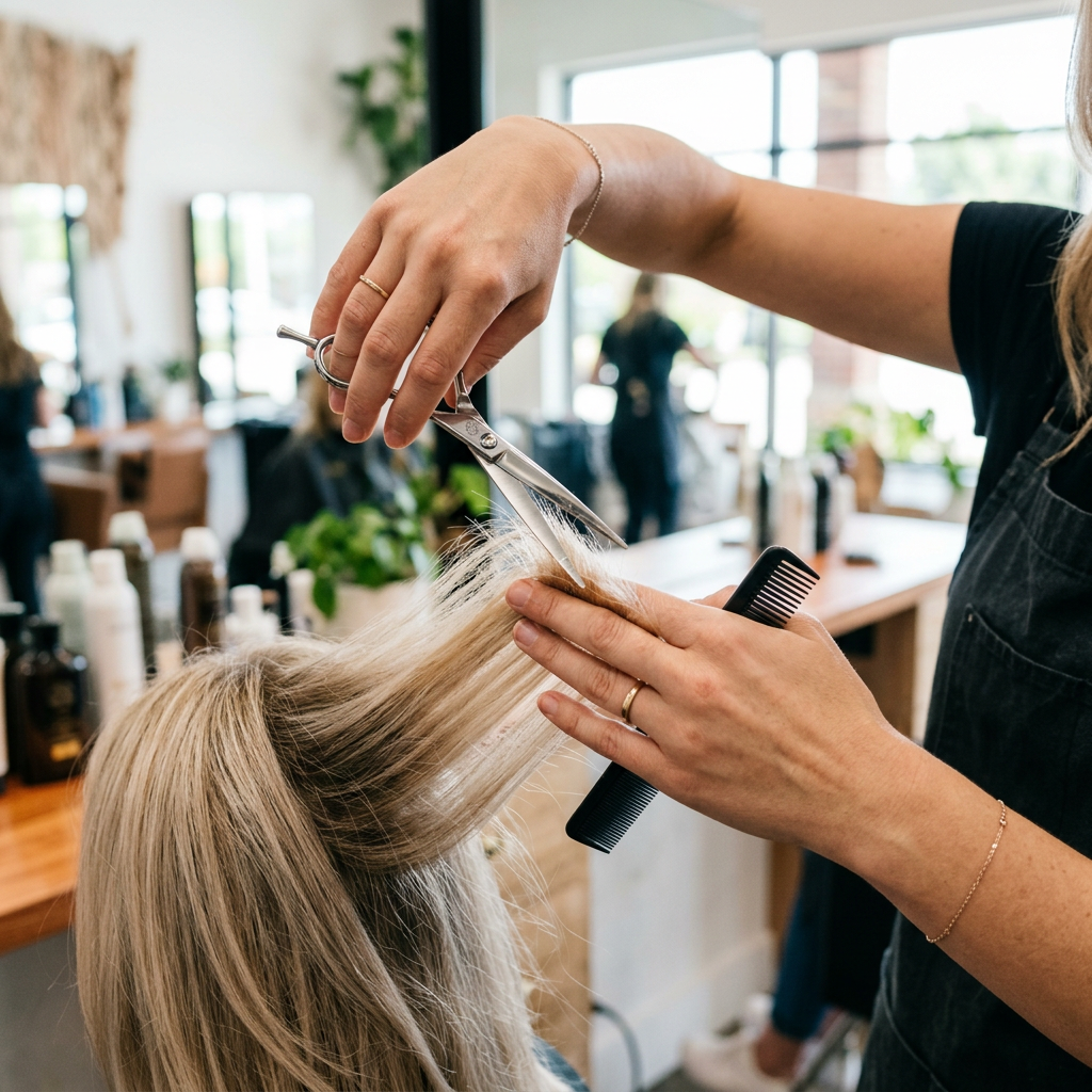 Hairdresser using scissors in salon