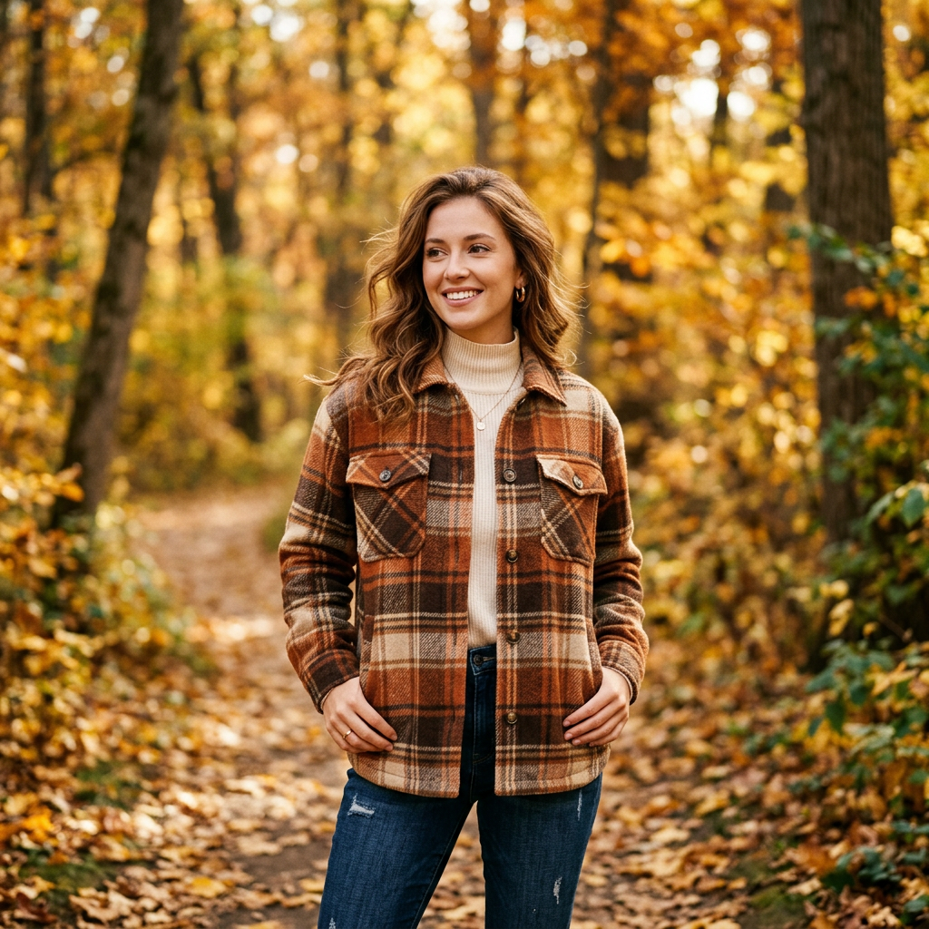 Woman wearing brown and orange plaid flannel jacket with autumn foliage background