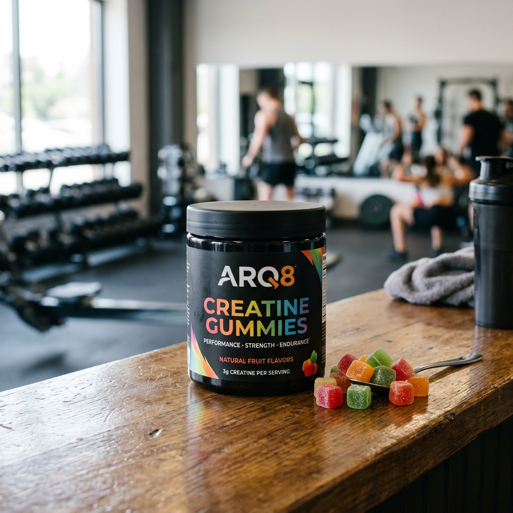 Arq8 Creatine Monohydrate Gummies on gym counter with fitness equipment background