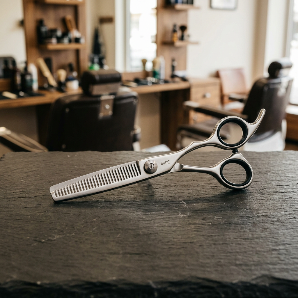 Stainless steel hair thinning texturizer shear on dark barbershop surface