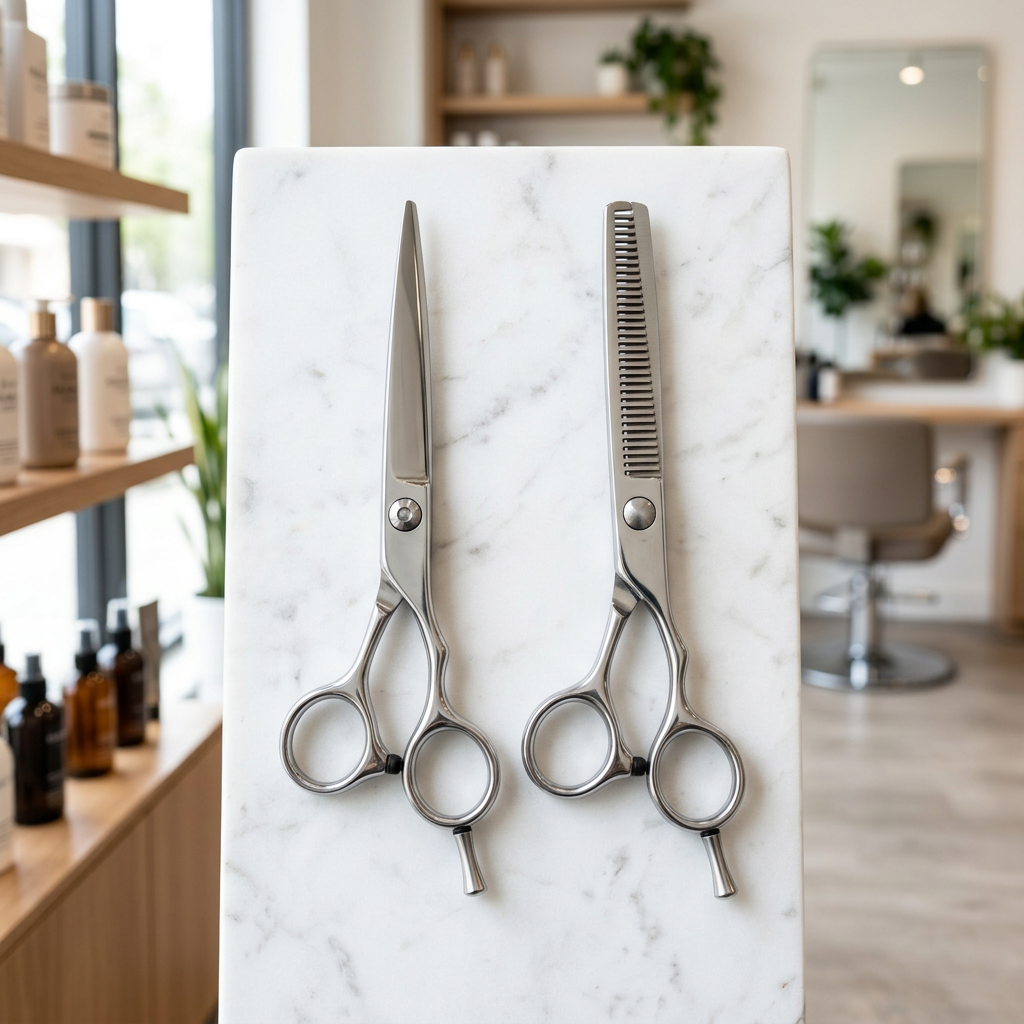 Professional barber scissors set on marble surface