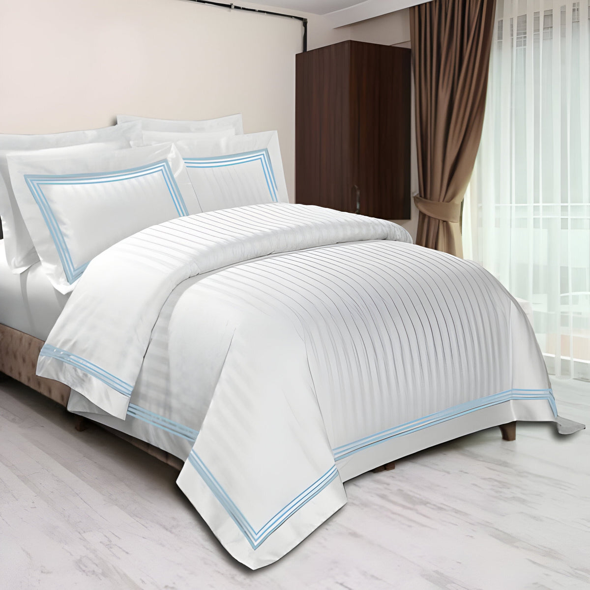 400TC Cotton Sateen Triple Edge Embroidery Stripe Duvet Cover Set