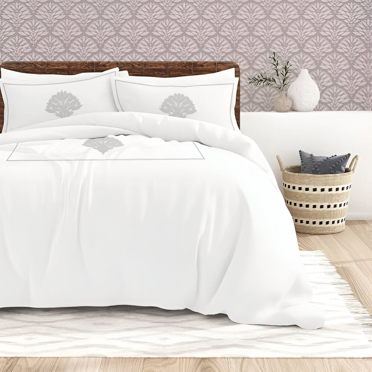 Leafy Embroidered Cotton Sateen Duvet Cover Set