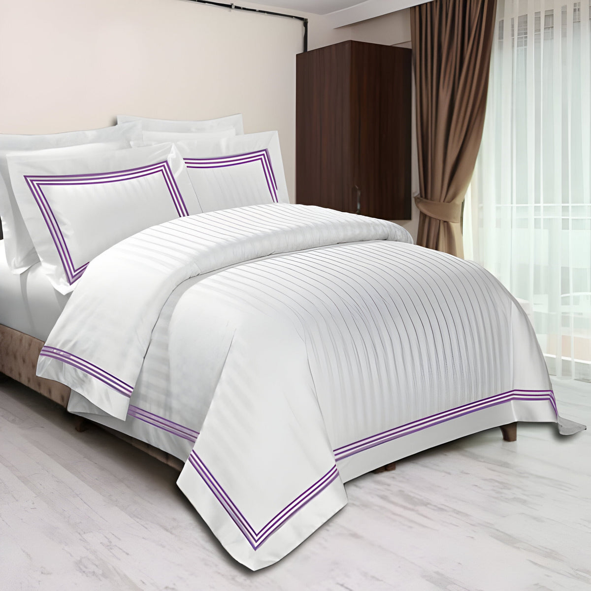 400TC Cotton Sateen Triple Edge Embroidery Stripe Duvet Cover Set