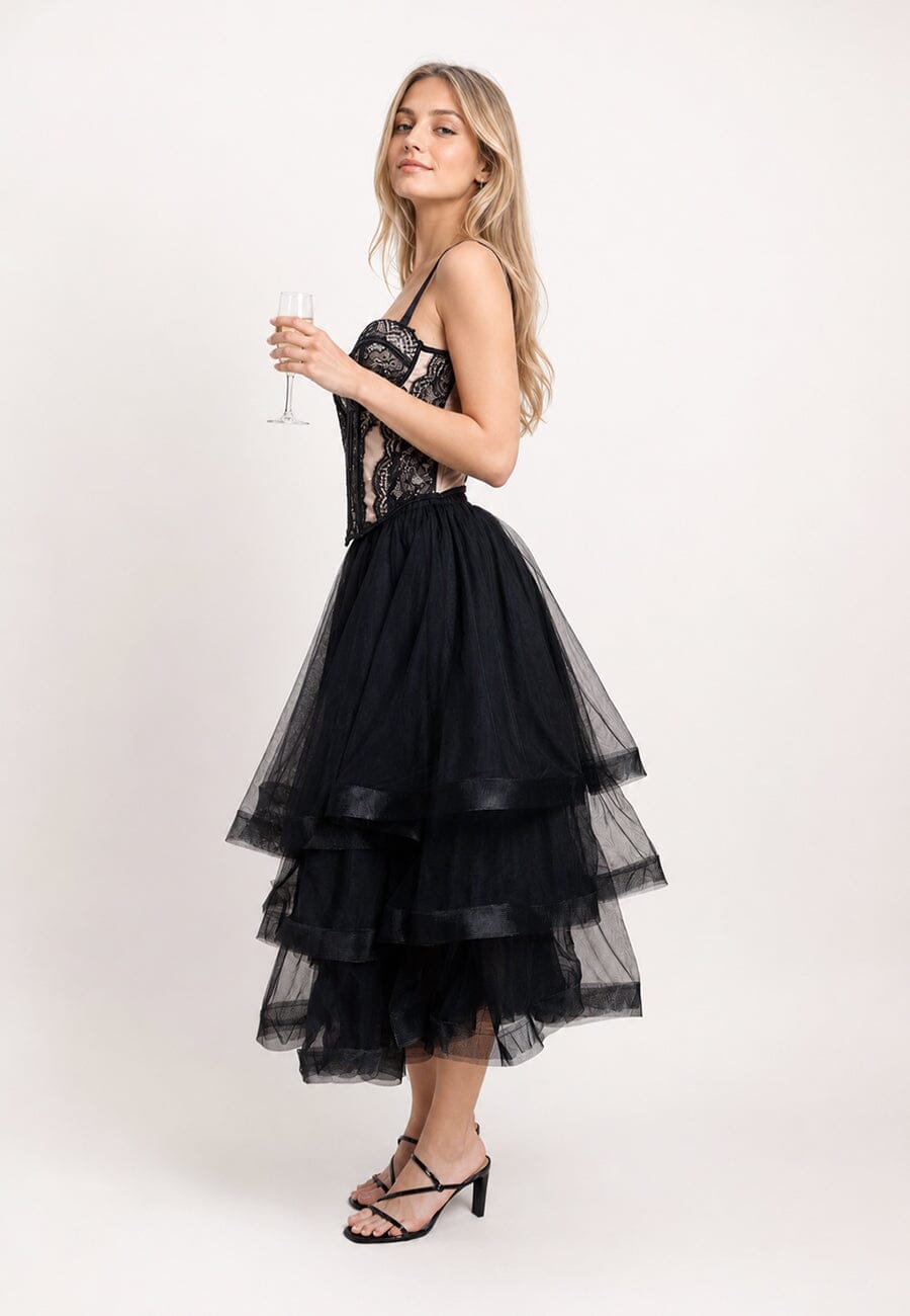 Gracia Fashion Women's Mesh Skirt With Tiered Ruffle