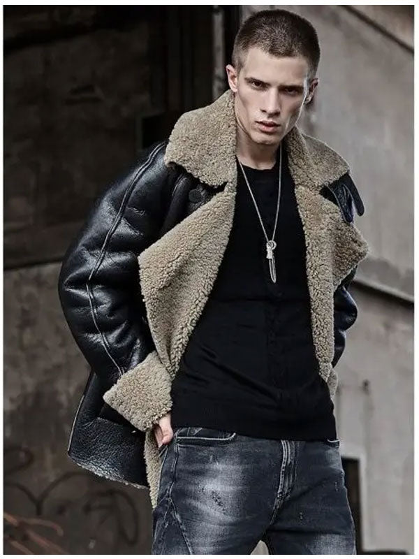 Men’s Shearling Short Fur Leather Jacket – Casual Thick Winter Coat