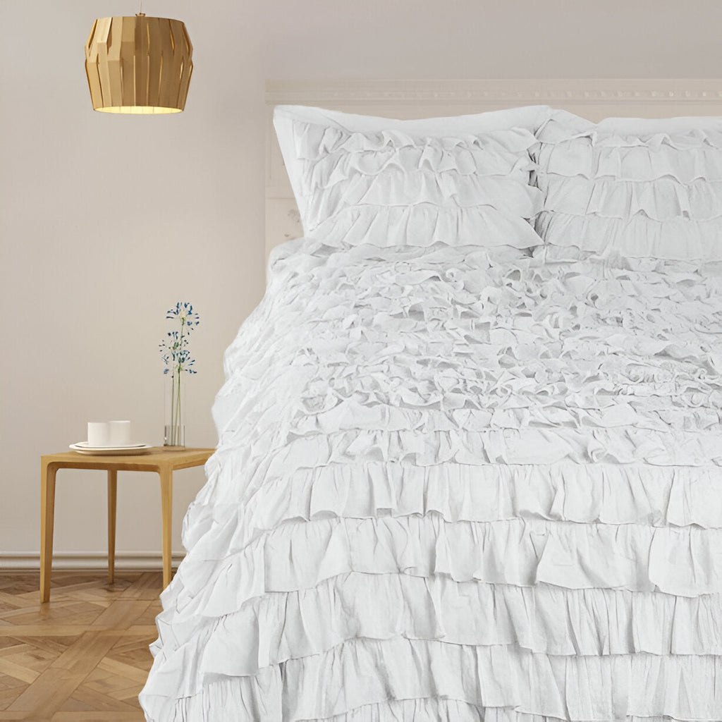 400TC Sateen Solid Cotton Waterfall Ruffle Duvet Cover Set